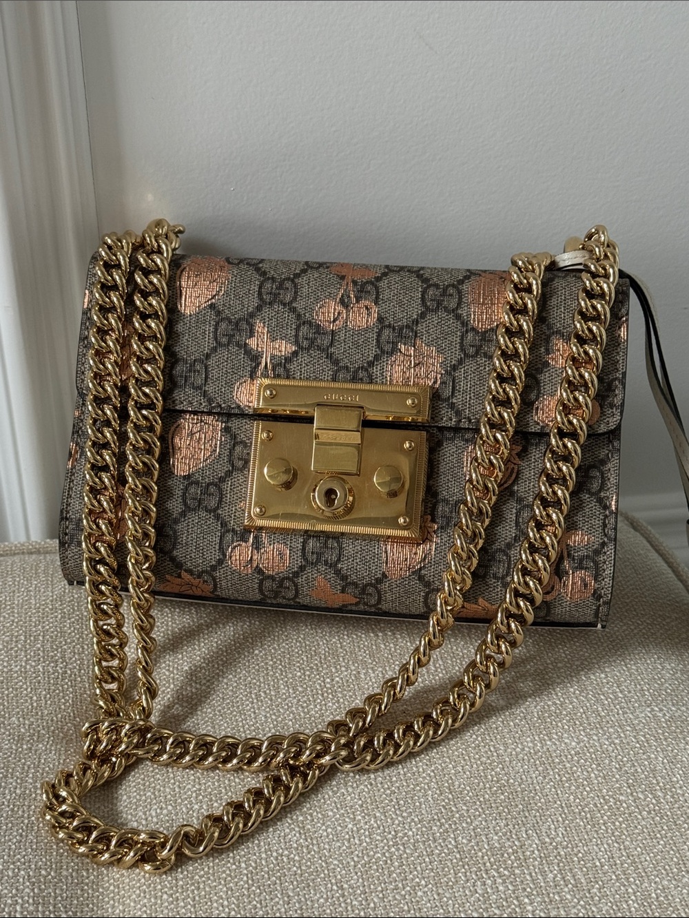 Auth Gucci GG Canvas Supreme Berry Print Chain Bag Padlock Crossbody Gorgeous